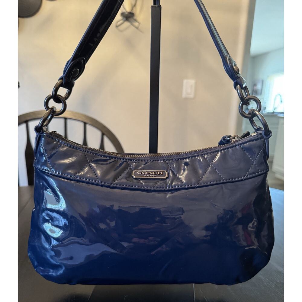 Navy Blue Coach Poppy Liquid Gloss Quilted Patent Leather Bag - Picture 5 of 10